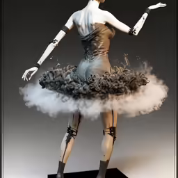 a statue of a woman is in a cloud filled dress