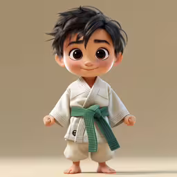 a very cute little boy dressed in karate gear,the animated cartoon characters are dressed in a karate suit