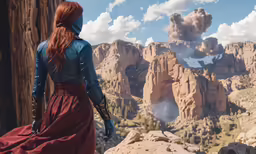 a red headed woman standing on top of a hill