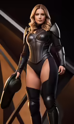 a woman in a body suit and boots posing