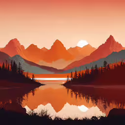 a colorful picture of a mountain lake and the sky,an image of a view of mountains from the water
