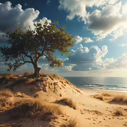 there is a big tree that is on the sand