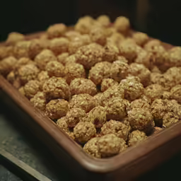 the small balls are arranged in a large chocolate pan
