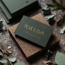 some green leaves on a table with a black business card