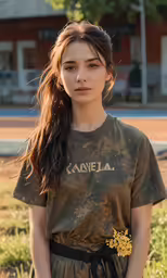 the beautiful brunette woman in green shirt is posing for the camera