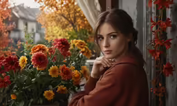 a woman is staring at the camera in front of colorful flowers