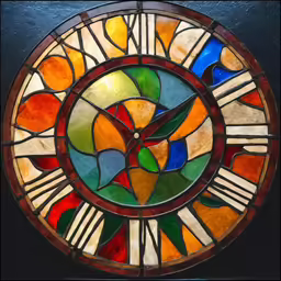 a multicolored stained glass window on the wall