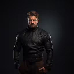 a man in leather jacket and pants with a beard,a man in leather clothing is standing