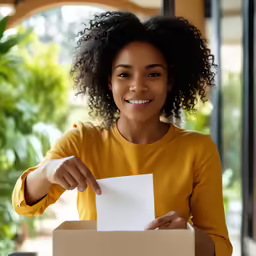 a girl in yellow and orange shirt holding a box with white paper in it