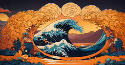 an orange and blue painting of a large wave,an artistically designed photo with an ocean wave