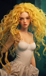 a doll with long yellow hair wearing a dress