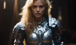 a woman in costume and armor is standing next to a door