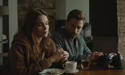 a man and woman sitting at a table next to a camera