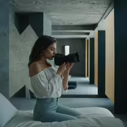 a girl sitting on a bed with her camera around her neck