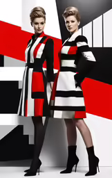 two woman in black, white and red dresses are next to each other