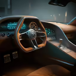 the interior of a futuristic vehicle with wood trim