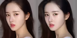 a woman is looking at the camera while wearing makeup,three different shots of the same face, one with pink lipstick on it