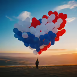 man standing under red white and blue balloons on a hill