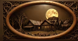 a picture of a big house with a full moon in the background,a painting of an old fashioned house surrounded by wood and carved elements