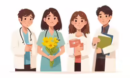 three doctors standing with flowers and books