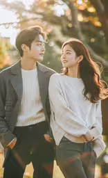 a man and woman standing next to each other in the sunlight,an image of a young couple in the fall