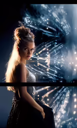 a beautiful young lady in a black dress standing against a background of fireworks