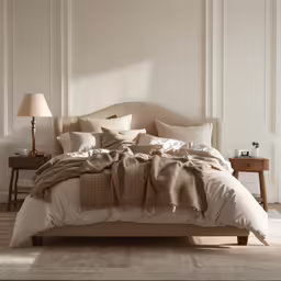a white bedroom with a beige bed, lamps and window