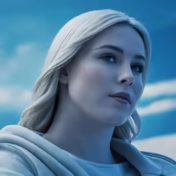 an image of a blond woman looking at something
