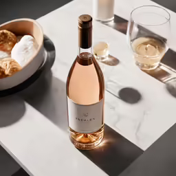 a wine bottle on a table next to a bowl with cookies and a glass of water