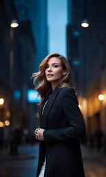 a woman in black and white standing outside