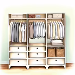 a large closet with some shirts hanging on it