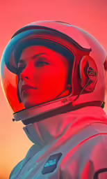woman in red helmet and spacesuit looking sideways on sunset