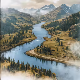 a lake with mountains in the background