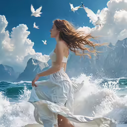 woman in flowing dress running on a beach