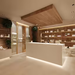 a modern looking room with many tables and shelves