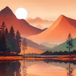a beautiful scene with mountains and a body of water,a painting of mountains and lake at sunset with trees and sun going down