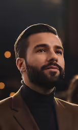 a man with a beard is wearing a brown suit