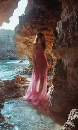 a girl is in a pink dress standing under water