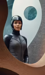 a female scifit posing with a futuristic background
