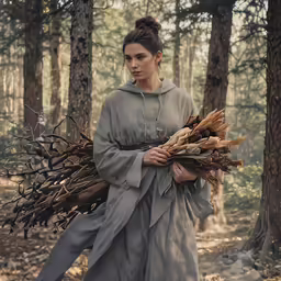 a woman with a lot of dried leaves
