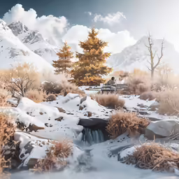 a snowy landscape, a man and tree