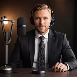 a man is wearing a suit and wearing headphones and sitting behind a microphone