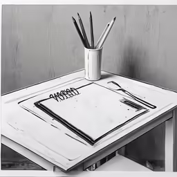 a desk set up with a pen holder and paper on it