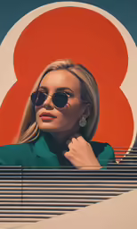 woman with sunglasses looking over her shoulder in front of a large orange sign