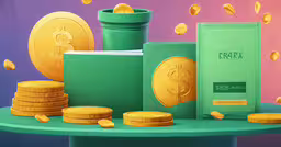 green and yellow stacks of gold coins sitting on a table,gold coins and book sitting on top of a table