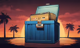 a blue chest in front of palm trees,a cartoon image with a giant storage container for stuff
