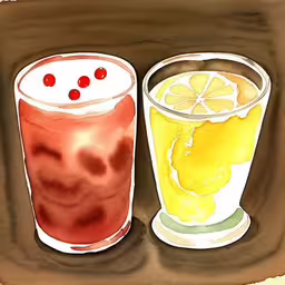 two glasses with drinks that are on display,two drinks, one orange and the other lemon, sit in glasses
