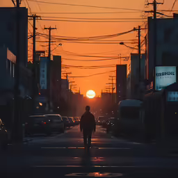 the sun is going down in the distance over a street