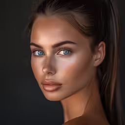 a young woman with blue eyes and brown makeup,a beautiful woman with light makeup on her face