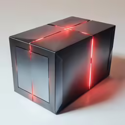 an illuminated cube with three sides and red lights
